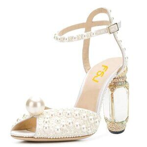 FSJ Women Open Toe Stylish Sandal Ankle Strap Chunky Block High Thick Heels Wedd